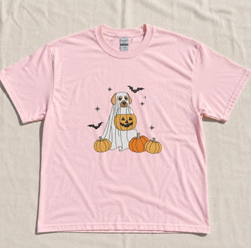 EMBROIDERED TRICK OR TREAT DOG GHOST TEE XIU-0049