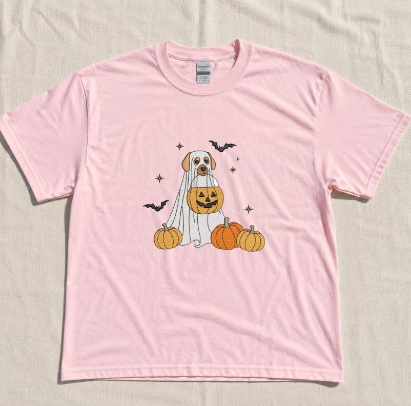 EMBROIDERED TRICK OR TREAT DOG GHOST TEE XIU-0049