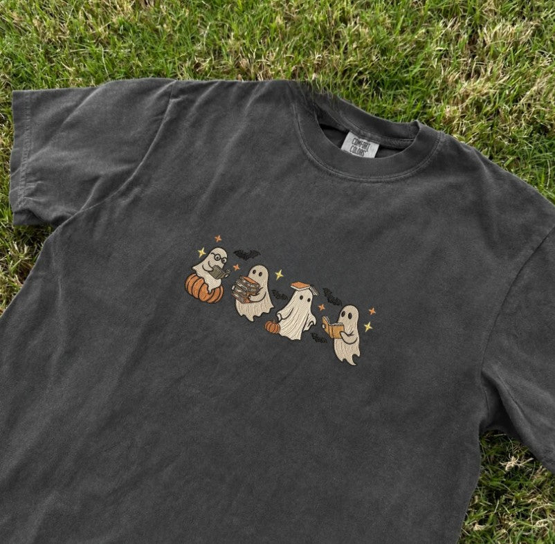 EMBROIDERED GHOST BOOK LOVER HALLOWEEN TEE XIU-0057