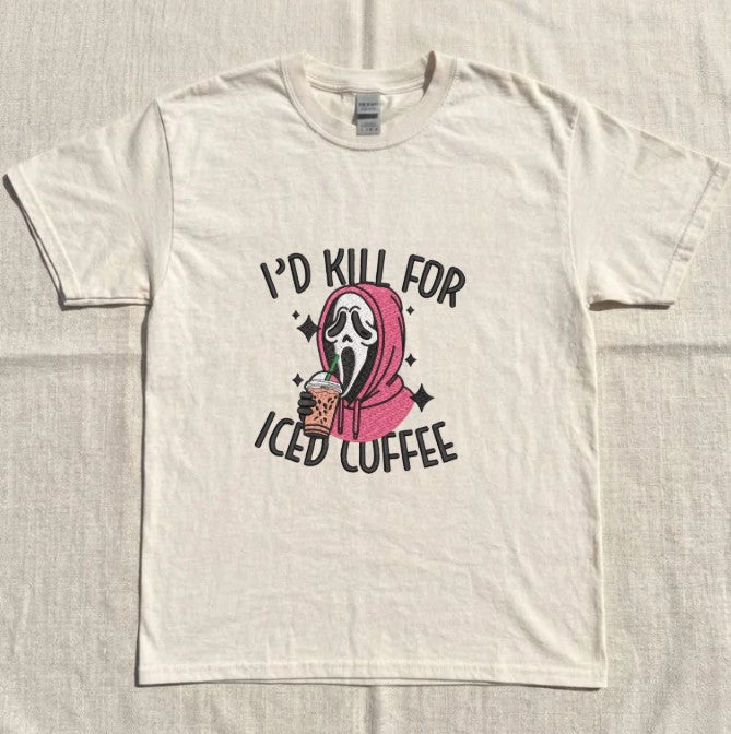 EMBROIDERED GHOST FACE ICED COFFEE HALLOWEEN TEE XIU-0061