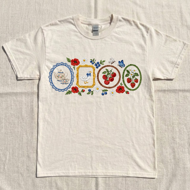 FLORAL GOOSE TEE, STRAWBERRY FARM EMBROIDERED TEE BN-00053