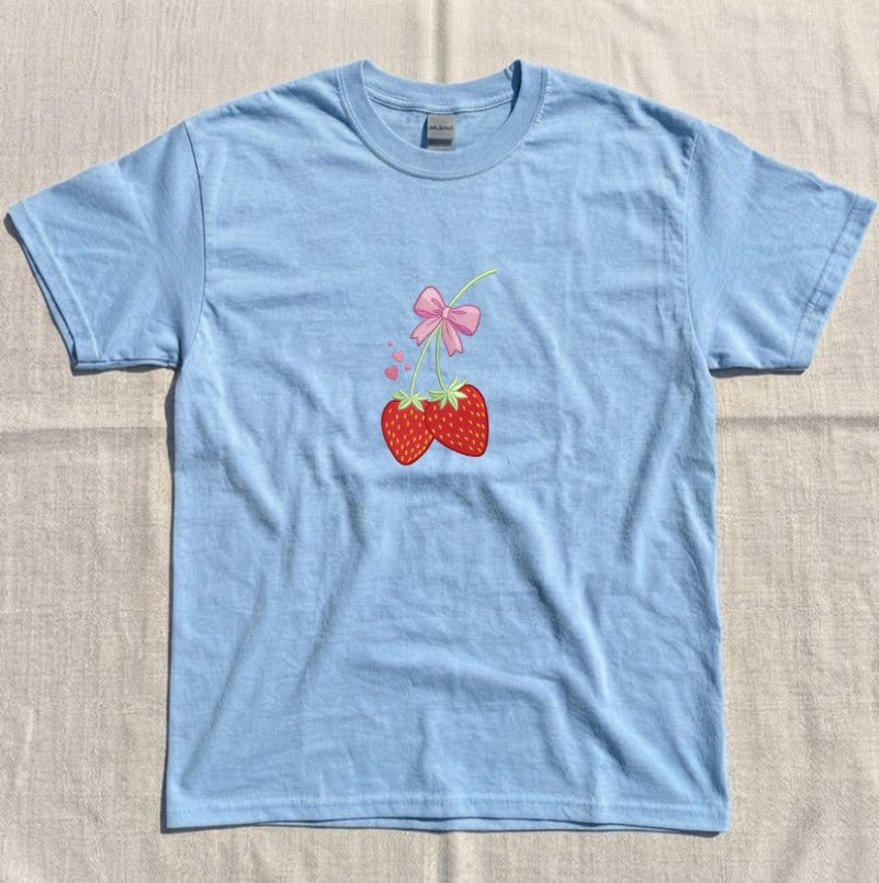 EMBROIDERED STRAWBERRY WITH BOW TEE XIU-0063