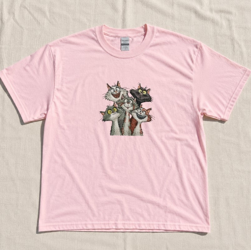 EMBROIDERED FUNNY CATS MACHINE TEE XIU-0064