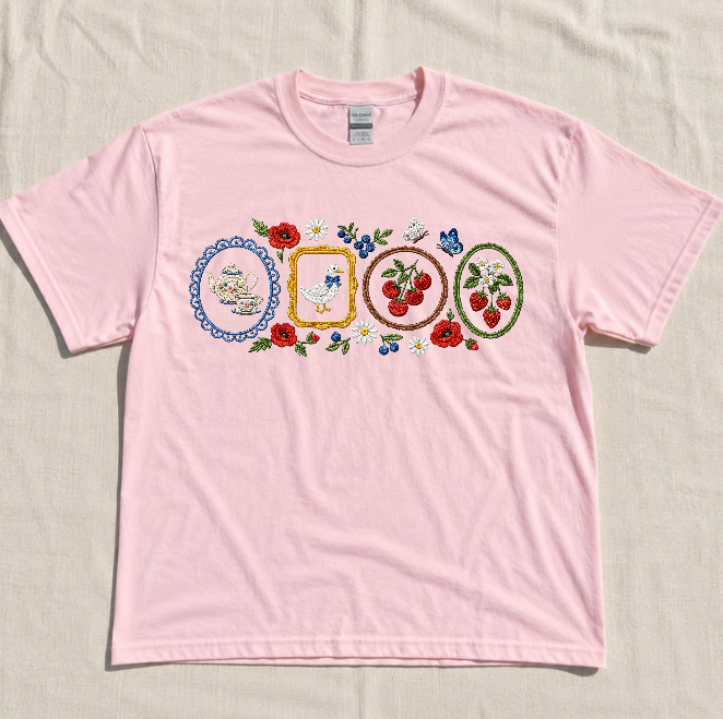 FLORAL GOOSE TEE, STRAWBERRY FARM EMBROIDERED TEE BN-00053