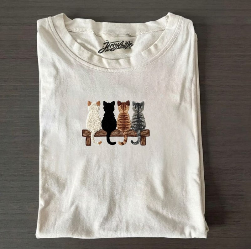 FUNNY CUTE CAT EMBROIDERED TEE XIU-0002
