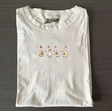 EMBROIDERED HALLOWEEN, SPOOKY GHOST & PUMPKIN TEE XIU-0003