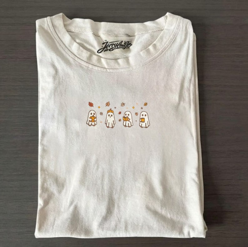 EMBROIDERED HALLOWEEN, SPOOKY GHOST & PUMPKIN TEE XIU-0003