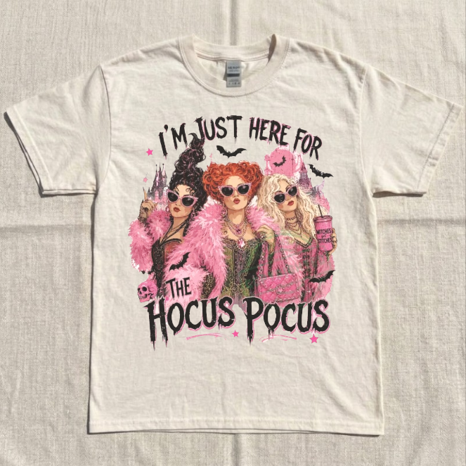FUNNY DOLL FACE HALLOWEEN, JUST HERE FOR THE HOCUS POCUS PRINT TEE BN-00081