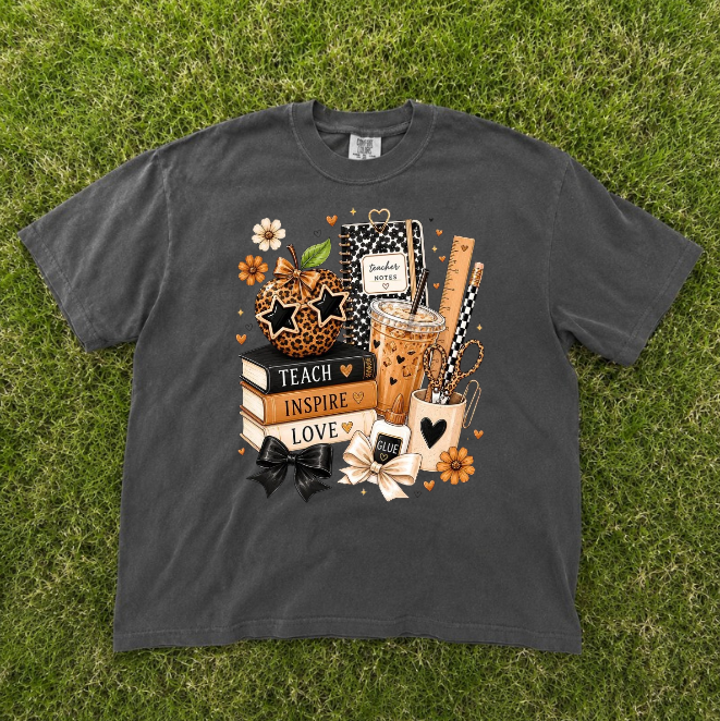 LEOPARD TEACHER APPLE TEE, CHECKERD POLKA DOT PENCIL SCISSORS RULER BOW TEE BN-00135