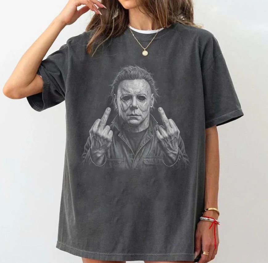 90S HORROR MOVIE T-SHIRT, MICHAEL MYERS MIDDLE FINGER SHIRT, FUNNY HALLOWEEN T-SHIRT TR-00289