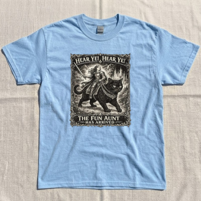 FUN AUNT KNIGHT RIDING BLACK CAT TEE, FUNNY AUNTIE CAT MEME BN-00227