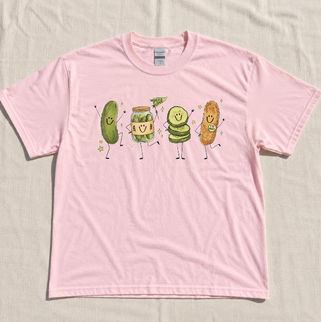 HAPPY PICKLE DOODLE TEE, CUTE SMILING CHARACTER, FUNNY PICKLE LOVER TEE BN-00122
