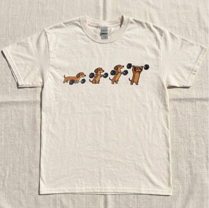 DACHSHUND LIFT WEIGHTS EMBROIDERED TEE TR-0029