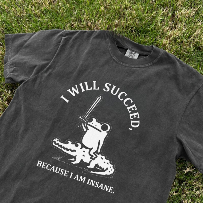 I WILL SUCCEED BECAUSE I AM INSANE TEE, FUNNY FROG RIDING CROCODILE TEE BN-00228