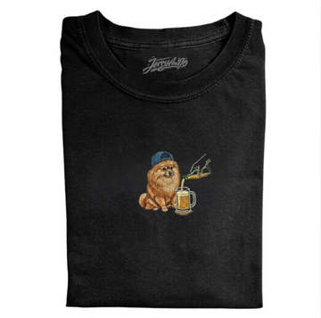 FUNNY POMERANIAN DRINKING BEER EMBROIDERED TEE TR-0016
