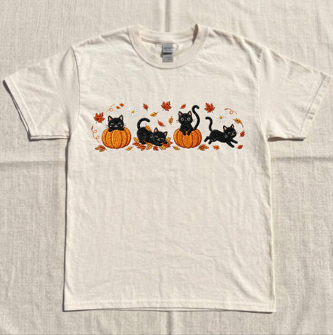 PUMPKIN BLACK CAT, COZY FALL EMBROIDERED TEE BN-00029