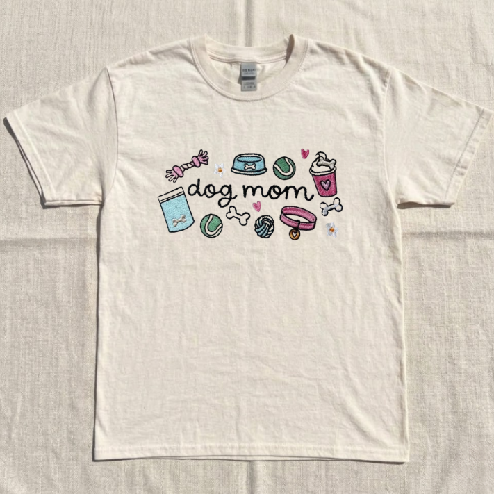 EMBROIDERED DOG MOM T-SHIRT, PASTEL DOG LOVER EMBROIDERED TEE TR-0032