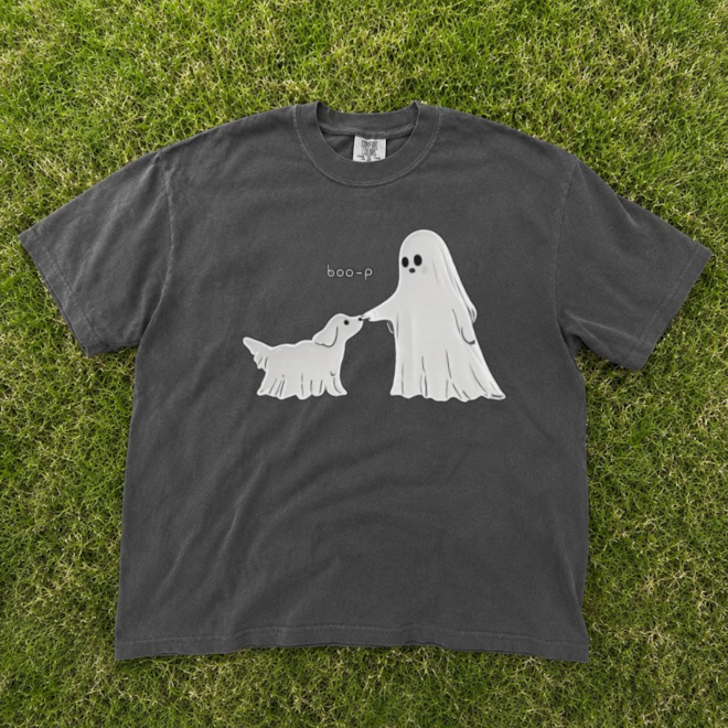 BOO-P GHOST DOG TEE, FUNNY HALLOWEEN DOG MOM BOXY TEE BN-00231