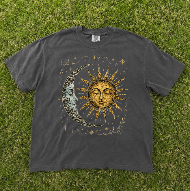 BOHO CELESTIAL MOON AND RADIANT SUN SPIRITUAL PATTERN TEE BN-00183