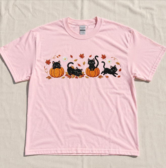 PUMPKIN BLACK CAT, COZY FALL EMBROIDERED TEE BN-00029