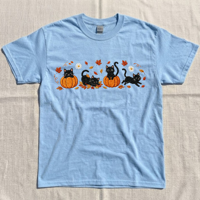 PUMPKIN BLACK CAT, COZY FALL EMBROIDERED TEE BN-00029