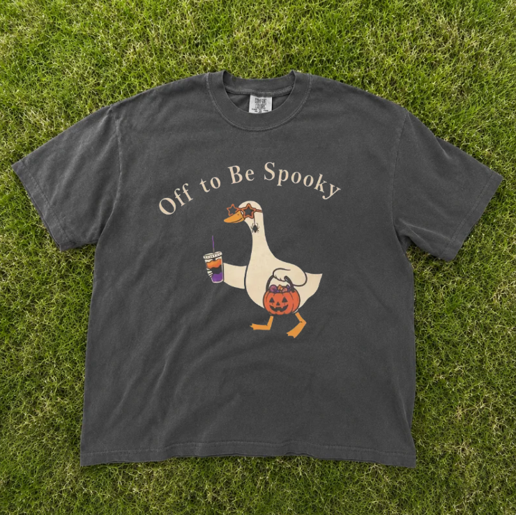OFF TO BE SPOOKY GOOSE HOLDING COFFEE PUMPKIN BUCKET SHIRT TR-0081