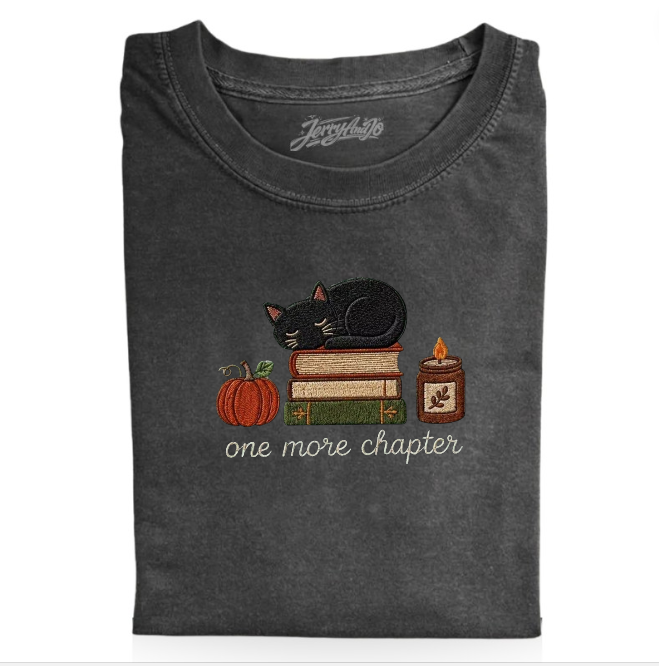 ONE MORE CHAPTER, BLACK CAT BOOK LOVER EMBROIDERED TEE BN-00027
