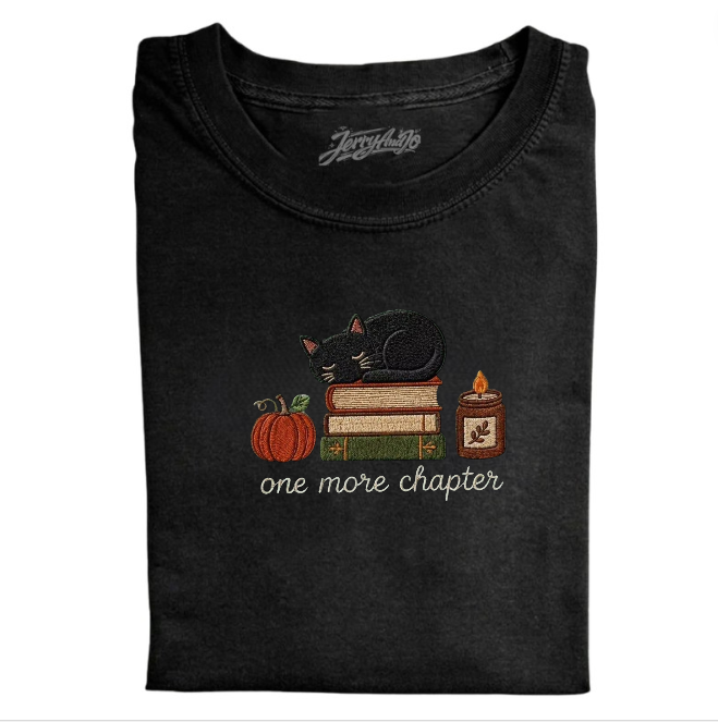 ONE MORE CHAPTER, BLACK CAT BOOK LOVER EMBROIDERED TEE BN-00027