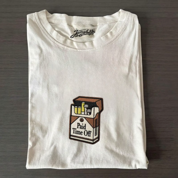 CIGARETTE PACK LABELED "PAID TIME OFF" EMBROIDERED TEE TR-0002
