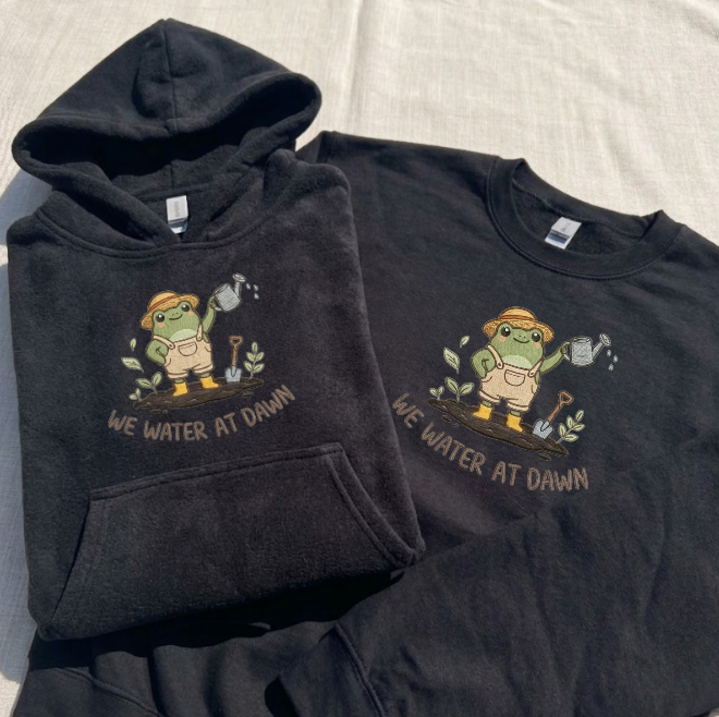 WE WATER AT DAWM GARDENING EMBROIDERED TEE, FUNNY FROG MEME PLANT LOVER EMBROIDERED TEE/ SWEATSHIRT/ HOODIE BN-00156