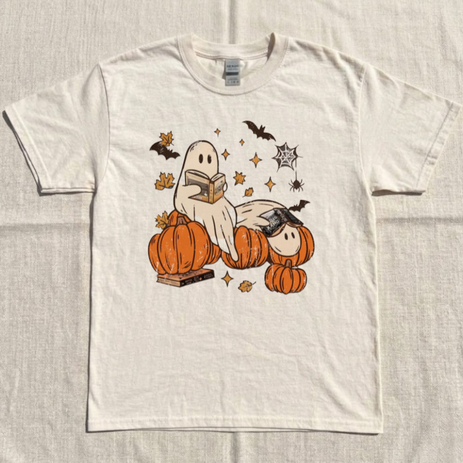 GHOST READING TEE, FOURTH WING GHOST TEE, BOOKISH HALLOWEEN TEE BN-00254
