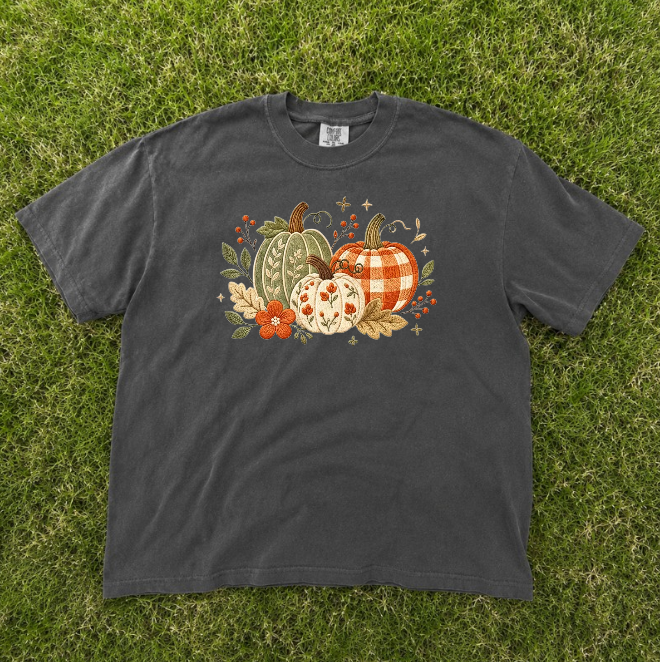 FALL PUMKIN TRIO EMBROIDERED TEE/ SWEATSHIRT/ HOODIE BN-00141