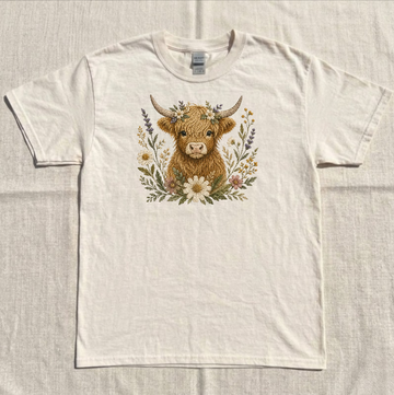 HIGHLAND COW FLORAL EMBROIDERED TEE BN-00142