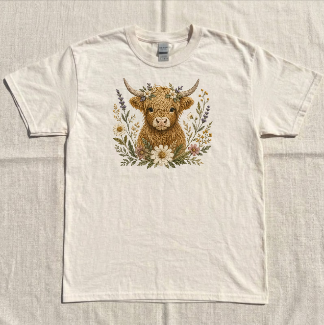 HIGHLAND COW FLORAL EMBROIDERED TEE BN-00142