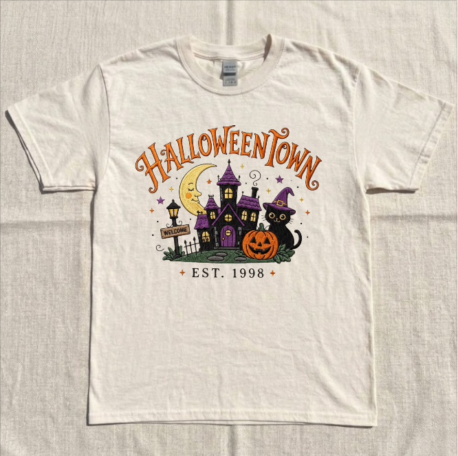 HALLOWEEN TOWN, BLACK CAT PUMKIN TEE, SPOOKY SEASON FALL EMBROIDERED TEE BN-00042