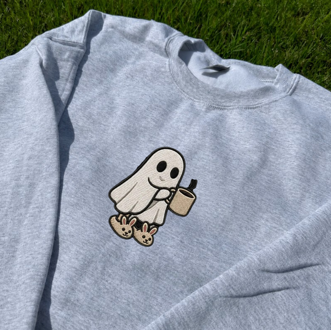 COZY GHOST CUTE HALLOWEEN, HOT CAPUCHINO GHOST EMBROIDERED TEE/ SWEATSHIRT/ HOODI BN-00079