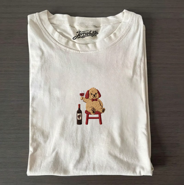 DOG DRINKING WINE EMBROIDERED TEE TR-0007