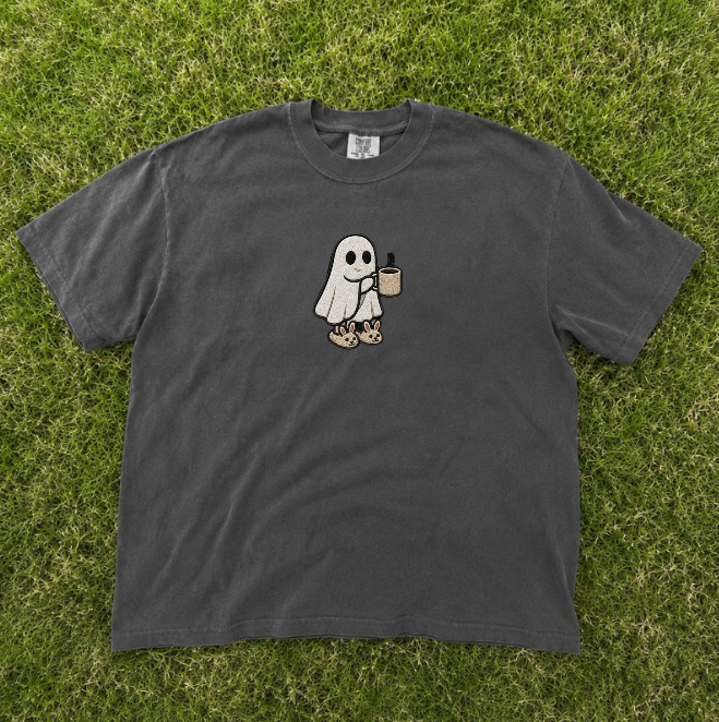 COZY GHOST CUTE HALLOWEEN, HOT CAPUCHINO GHOST EMBROIDERED TEE/ SWEATSHIRT/ HOODI BN-00079