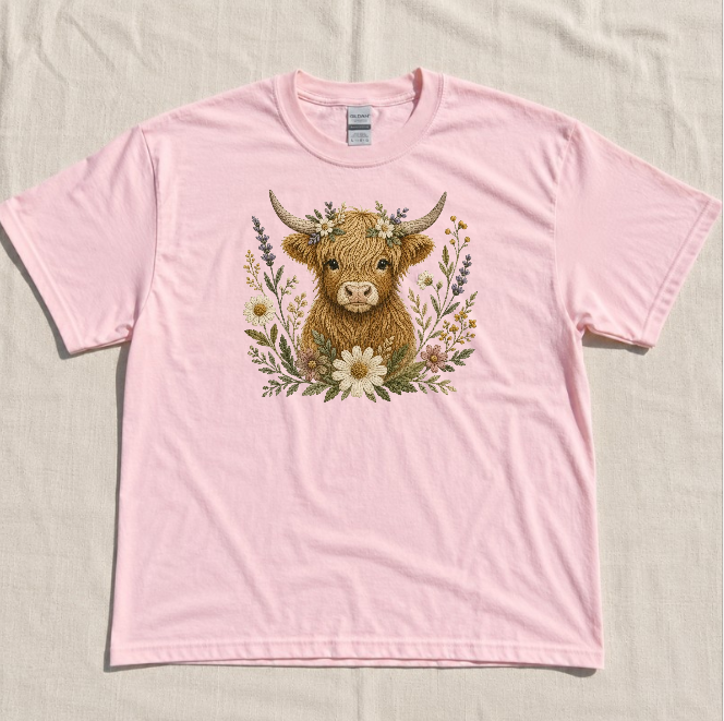 HIGHLAND COW FLORAL EMBROIDERED TEE BN-00142