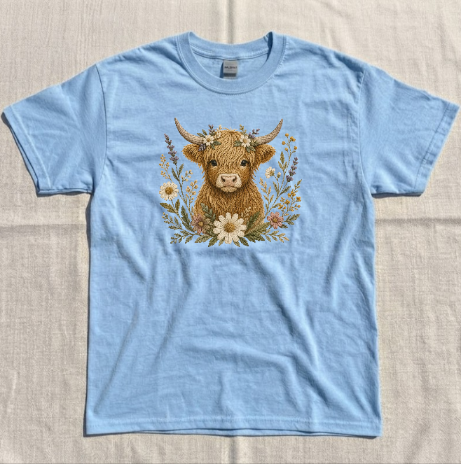 HIGHLAND COW FLORAL EMBROIDERED TEE BN-00142