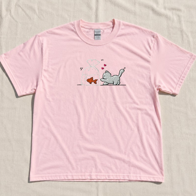 KITTEN & GOLDFISH EMBROIDERED TEE BN-00057
