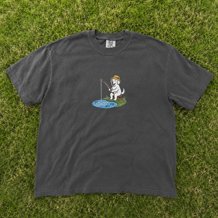 PUPPY HOLDING FISHING ROD EMBROIDERED TEE TR-0042
