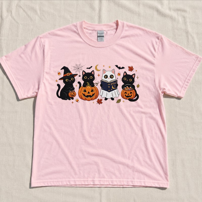 HALLOWEEN BLACK CAT, SPOOKY SEASON FALL EMBROIDERED TEE BN-00043