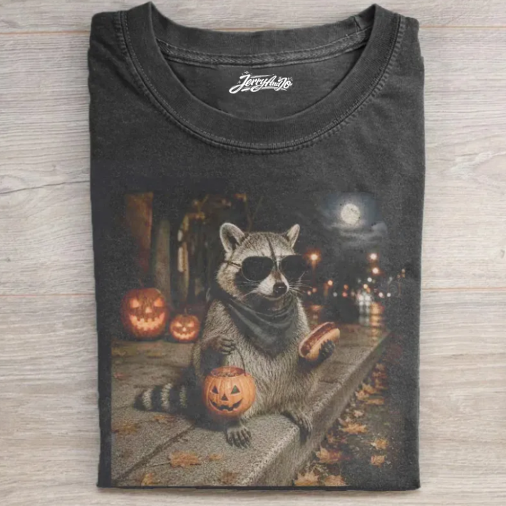 HALLOWEEN RACCOON HOT DOG HOLDING PUMPKIN T-SHIRT TR-00274