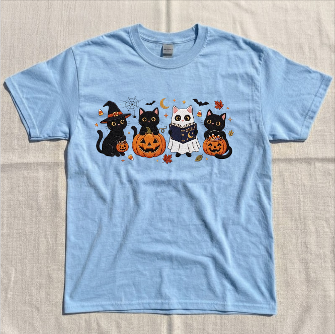 HALLOWEEN BLACK CAT, SPOOKY SEASON FALL EMBROIDERED TEE BN-00043