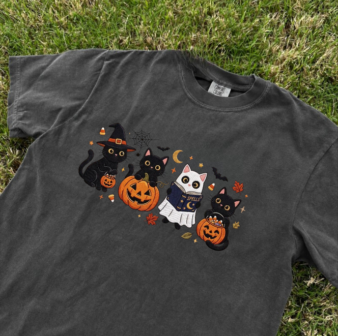 HALLOWEEN BLACK CAT, SPOOKY SEASON FALL EMBROIDERED TEE BN-00043