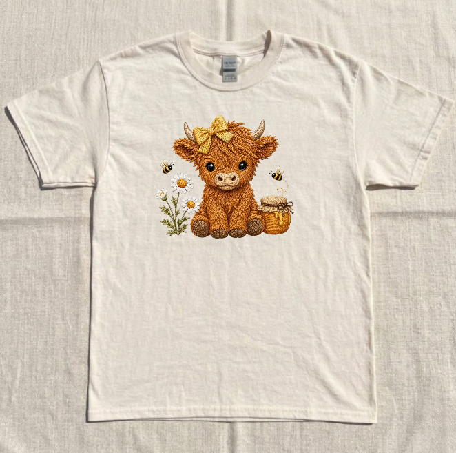 HONEY BEE HIGHLAND COW EMBROIDERED TEE BN-00143