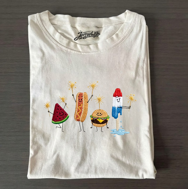 WATERMELON, HOTDOG, BURGER POSICLE, CUTE BBQ EMBROIDERED TEE BN-00020