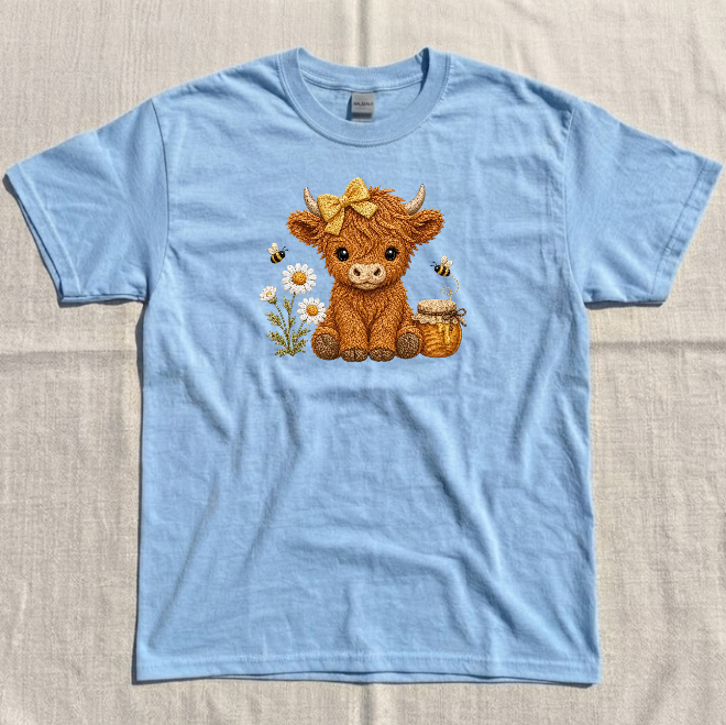 HONEY BEE HIGHLAND COW EMBROIDERED TEE BN-00143