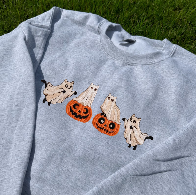 CUTE BLACK CAT, SPOOKY SEASON FALL EMBROIDERED TEE BN-00044